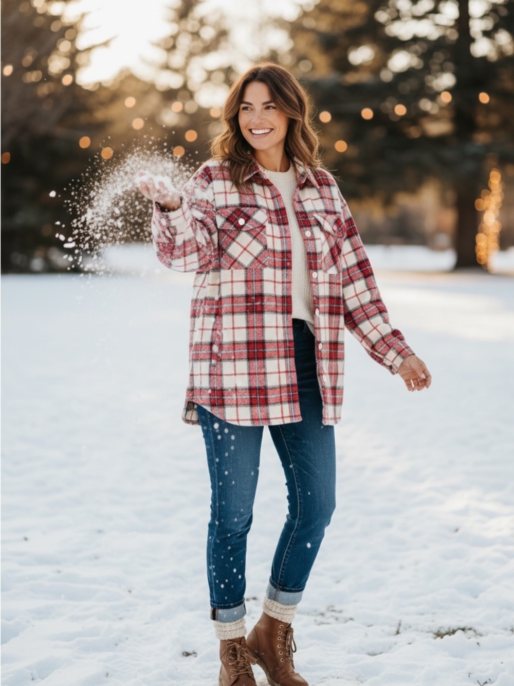 Lane Bryant Red+White Plaid Button-Up Shacket - Picture 4 of 5